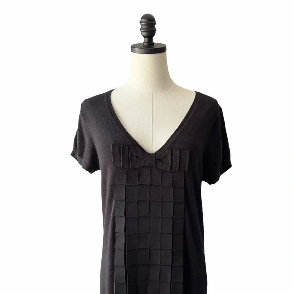 Ted Baker Black Cotton Knit V Neck Ribbon Dress | 3 (M) - Picture 3 of 10